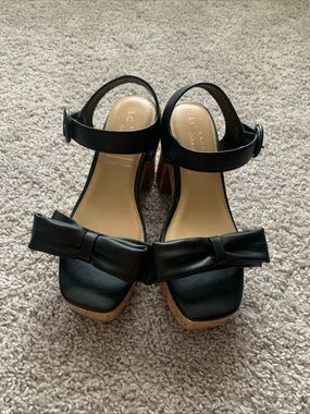 LC Lauren Conrad Black Bow Block Heel Sandals Sz 5.5